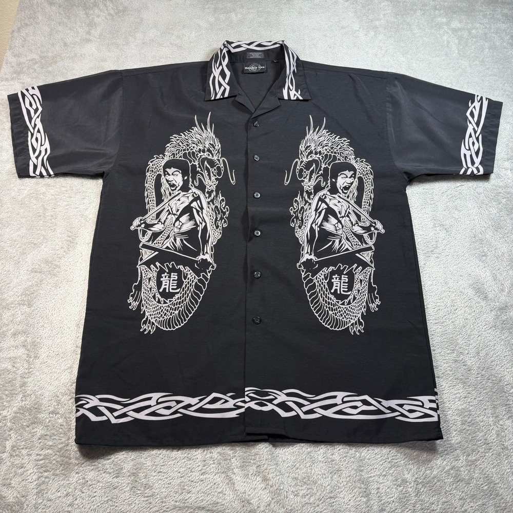 Bruce Lee Button Up Shirt Men Large Black Dragon Martial Arts Made in Korea Y2K